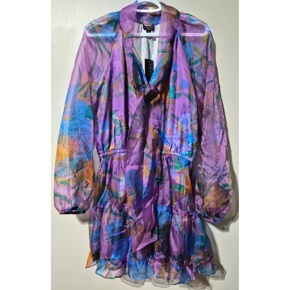 Current Air Purple Floral Tie Neck Ruffle Mini Dress Metallic L 2390065